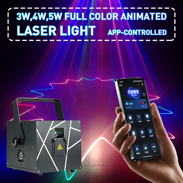 3W 4W 5W laser RGB 3D animation projector app-controlled Bluetooth DMX DJ party disco dance wedding performance stage lighting